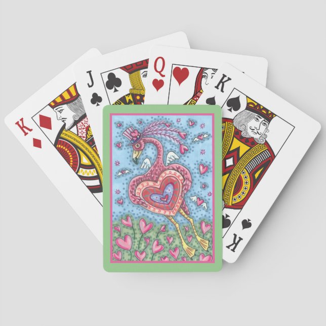 PINK FLAMINGO CUPID AND FLYING HEARTS VALENTINE PLAYING CARDS (Back)
