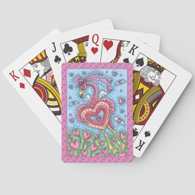 PINK FLAMINGO CUPID AND FLYING HEARTS VALENTINE PLAYING CARDS (Back)