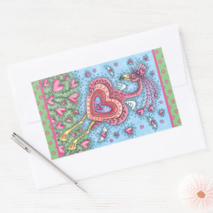 PINK FLAMINGO CUPID AND FLYING HEARTS VALENTINE RECTANGULAR STICKER
