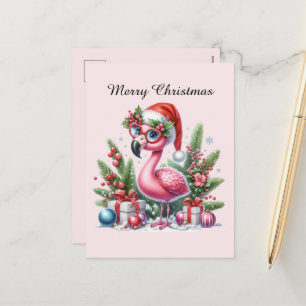 pink flamingo customisable Merry Christmas Holiday Postcard