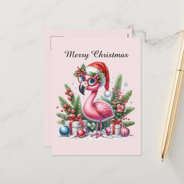 pink flamingo customisable Merry Christmas Holiday Postcard (Front/Back In Situ)