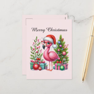 pink flamingo customizable Merry Christmas Holiday Postcard