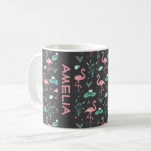 Pink Flamingo cute grey pattern name Coffee Mug