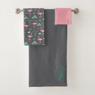  Pink Flamingo cute tuquoise grey pattern Bath Towel Set