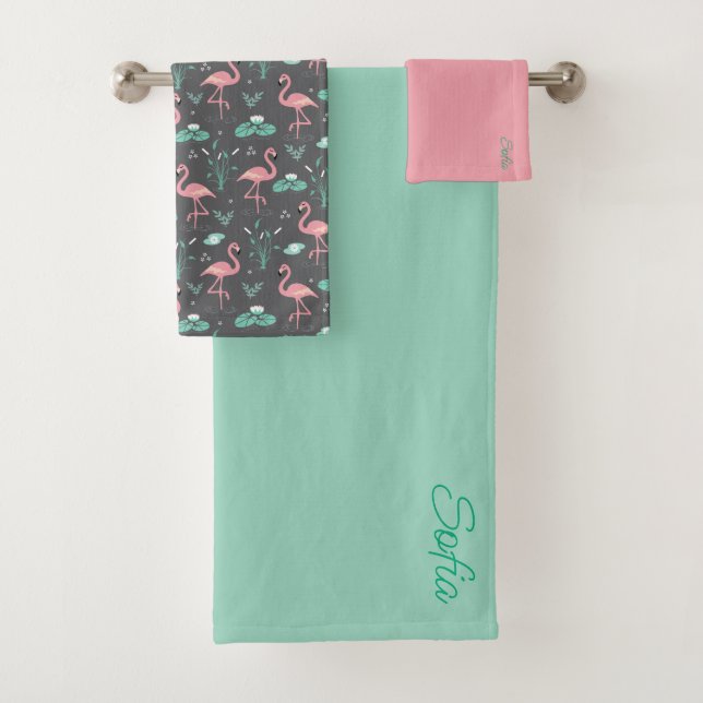  Pink Flamingo cute tuquoise grey pattern Bath Towel Set (Insitu)