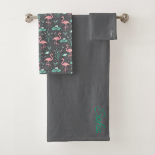 Pink Flamingo cute tuquoise grey pattern Bath Towel Set