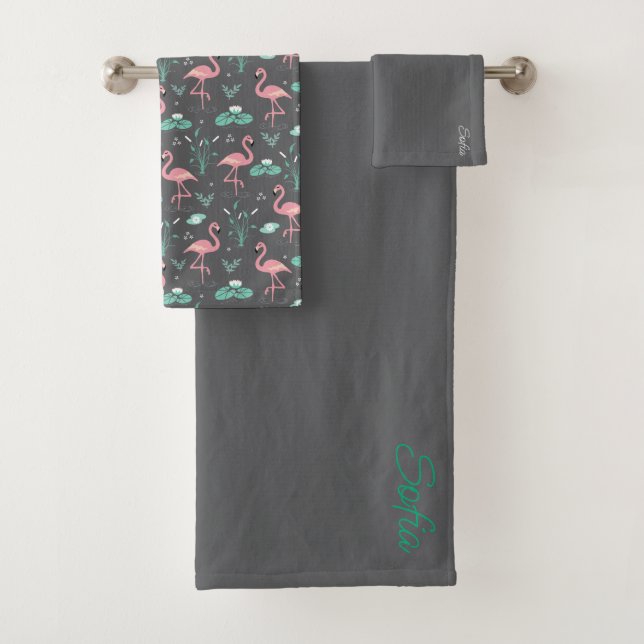  Pink Flamingo cute tuquoise grey pattern Bath Towel Set (Insitu)