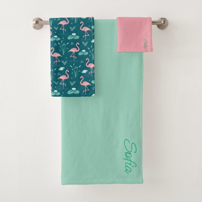  Pink Flamingo cute tuquoise teal pattern Bath Towel Set (Insitu)