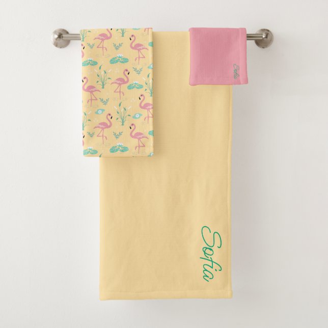  Pink Flamingo cute yellow pattern Bath Towel Set (Insitu)