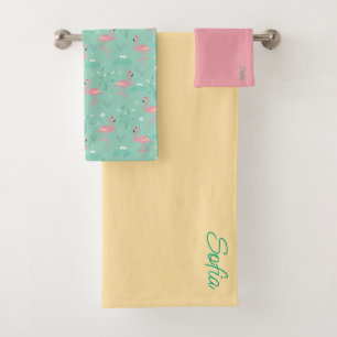 Pink Flamingo cute yellow teal pattern Bath Towel Set