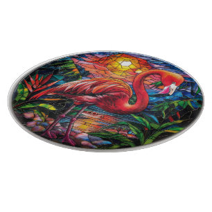 Pink Flamingo Decorative Stained glass look Glass Cutting Board