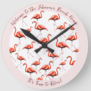 Pink Flamingo Design Beach House Welcome Summer Round Clock