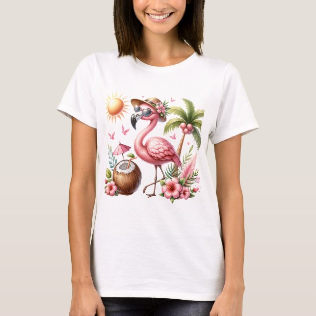Pink Flamingo Design On Ladies Apparel T-Shirt (Front)