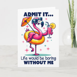 Pink Flamingo Drinking Tails Summer Vacation Beach Card