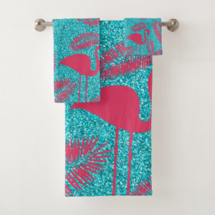 Pink Flamingo Exotic Bird Lover Palm Leaves Summer Bath Towel Set