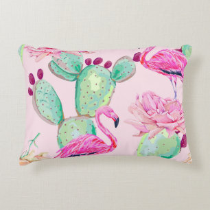 Pink flamingo, exotic birds, gentle flowers, rose, decorative cushion