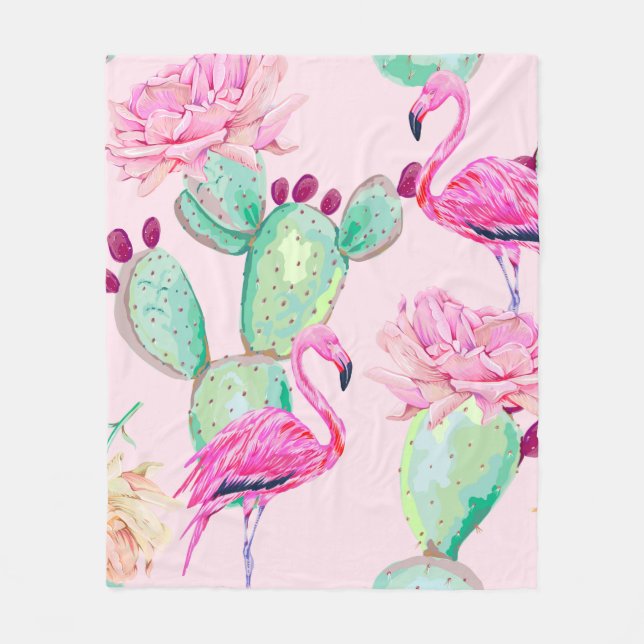 Pink flamingo, exotic birds, gentle flowers, rose, fleece blanket (Front)