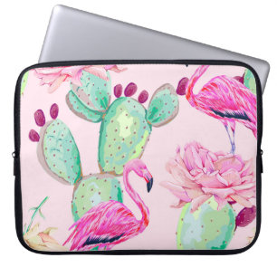 Pink flamingo, exotic birds, gentle flowers, rose, laptop sleeve