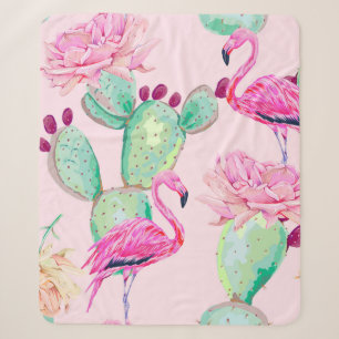 Pink flamingo, exotic birds, gentle flowers, rose, sherpa blanket