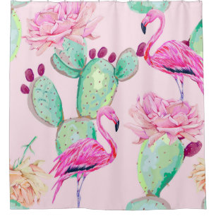 Pink flamingo, exotic birds, gentle flowers, rose, shower curtain
