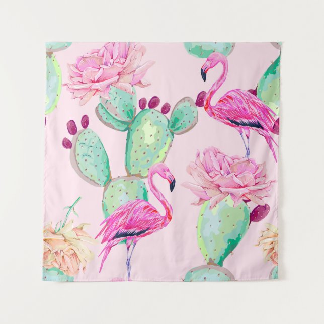 Pink flamingo, exotic birds, gentle flowers, rose, tapestry (Front)