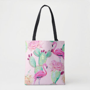 Pink flamingo, exotic birds, gentle flowers, rose, tote bag