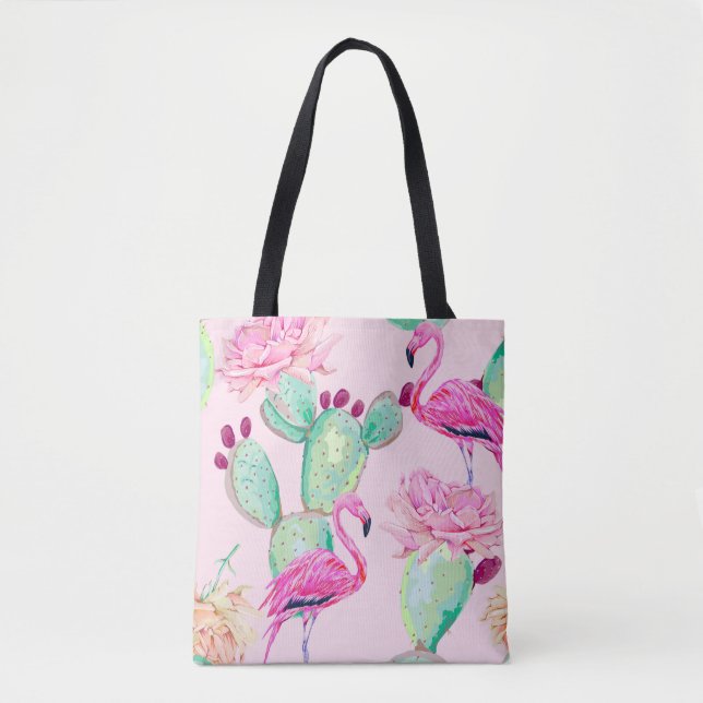 Pink flamingo, exotic birds, gentle flowers, rose, tote bag (Front)