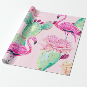 Pink flamingo, exotic birds, gentle flowers, rose, wrapping paper