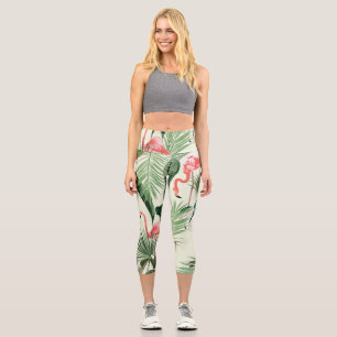 Pink Flamingo Exotic Flowers Pattern Capri Leggings