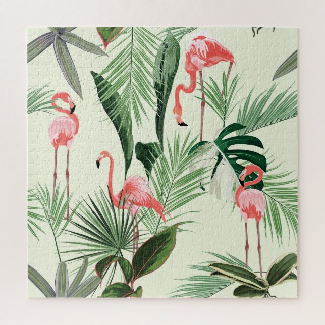 Pink Flamingo Exotic Flowers Pattern Jigsaw Puzzle (Vertical)
