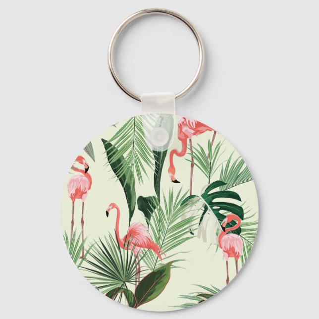 Pink Flamingo Exotic Flowers Pattern Key Ring (Front)