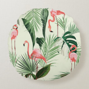 Pink Flamingo Exotic Flowers Pattern Round Cushion