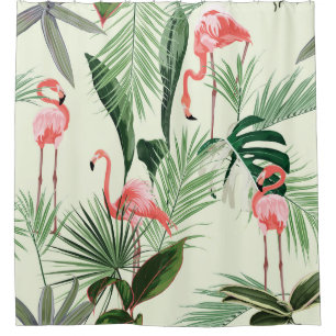 Pink Flamingo Exotic Flowers Pattern Shower Curtain
