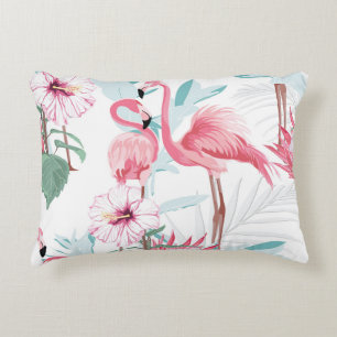 Pink Flamingo: Exotic Flowers Seamless. Decorative Cushion