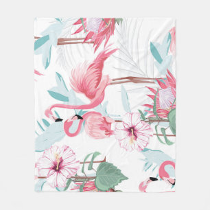 Pink Flamingo: Exotic Flowers Seamless. Fleece Blanket