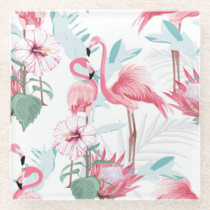 Pink Flamingo: Exotic Flowers Seamless. Glass Coaster