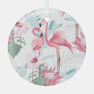 Pink Flamingo: Exotic Flowers Seamless. Glass Tree Decoration