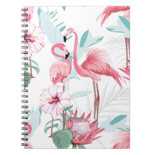 Pink Flamingo: Exotic Flowers Seamless. Notebook