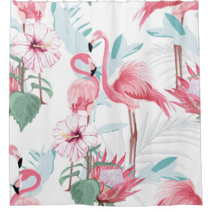 Pink Flamingo: Exotic Flowers Seamless. Shower Curtain