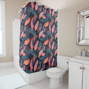 Pink Flamingo Feathers Tropical Themed Pattern Shower Curtain