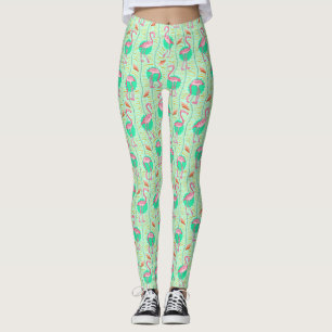Pink Flamingo Ferns Tropical Green Summer Pattern Leggings