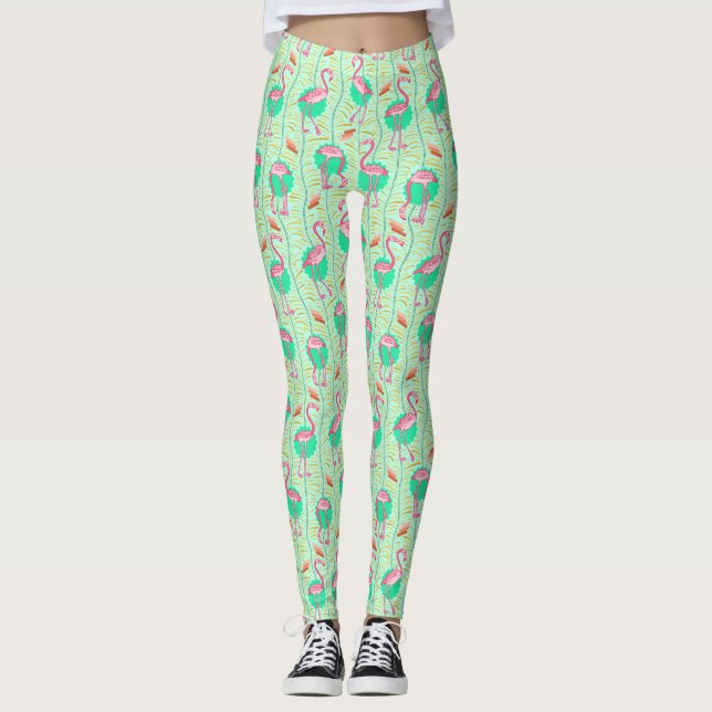 Pink Flamingo Ferns Tropical Green Summer Pattern Leggings (Front)