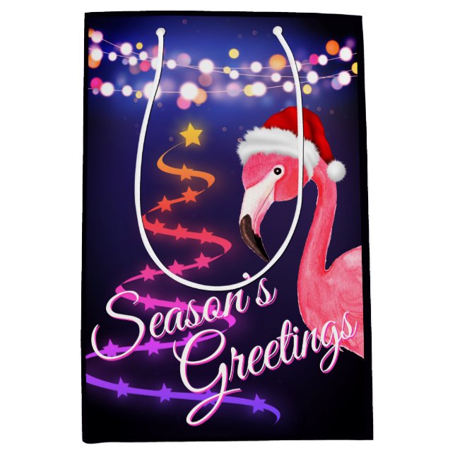 Pink Flamingo Festive Tropical Beach Christmas Medium Gift Bag (Front)