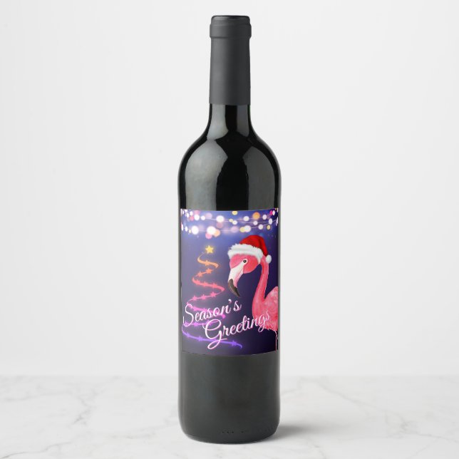 Pink Flamingo Festive Tropical Beach Christmas Wine Label (Front)