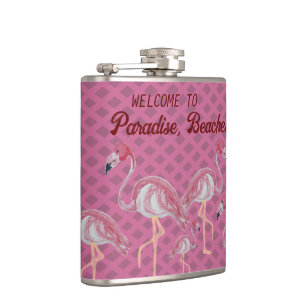 Pink Flamingo Flamingos Paradise Beach Hip Flask