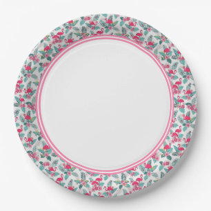 Pink Flamingo Flock Border Paper Plate