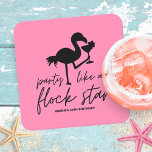 Pink Flamingo Flock Star Tropical Birthday Square Paper Coaster<br><div class="desc">Get flocked up with your friends and family to celebrate your birthday! Fun,  festive paper drink coasters feature black typography with a flamingo holding a cocktail,  and a "party like a flock star" caption on a hot pink background. Perfect for beach and tropical themed adult birthday parties.</div>