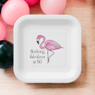 Pink Flamingo Flocking Fabulous at Fifty Paper Plate