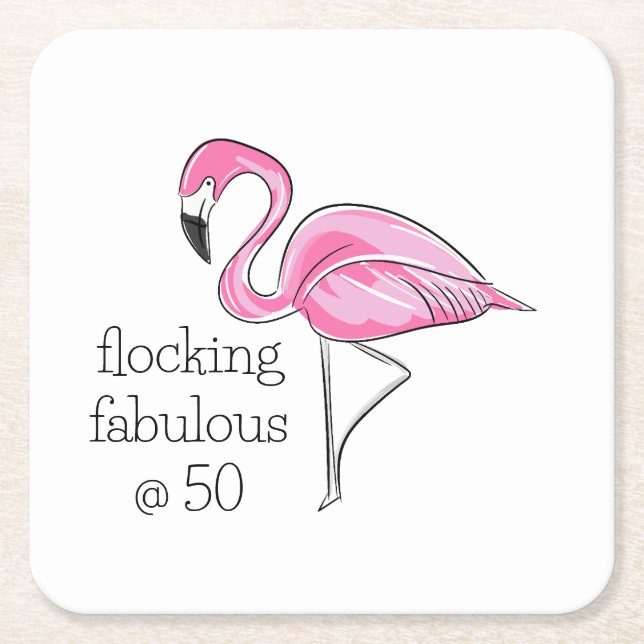 Pink Flamingo Flocking Fabulous at Fifty Square Paper Coaster (Front)