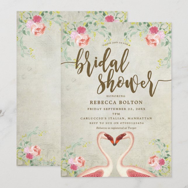 pink flamingo floral bridal shower invitation (Front/Back)